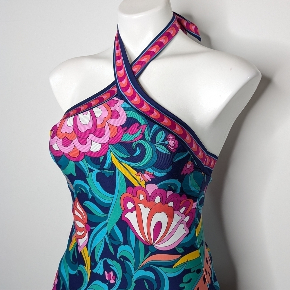 NWT Trina Turk India Garden blue high tie neck reversible tankini bikini top 2 - Picture 2 of 11